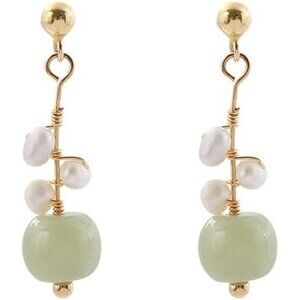 Natural Green Hetian Jade Drop Earrings Freshwater Pearls Jewelry